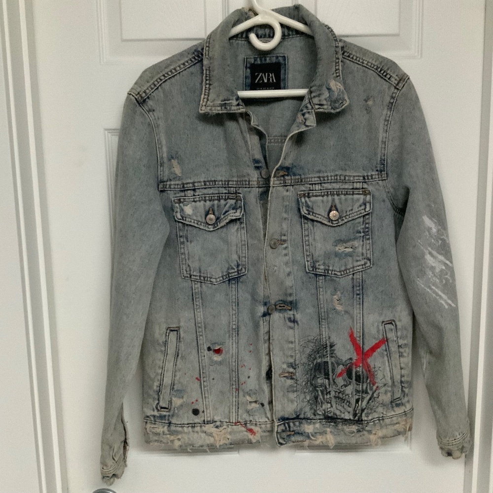Zara Oversized (or men’s med) Distressed Graffitied Jean Jacket
